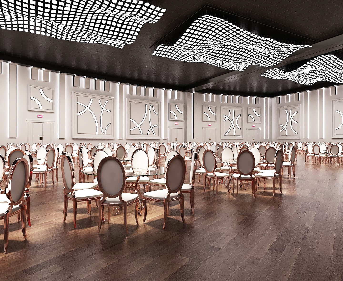 Open ballroom view with sculptural ceiling lighting at Palacio Event Centre